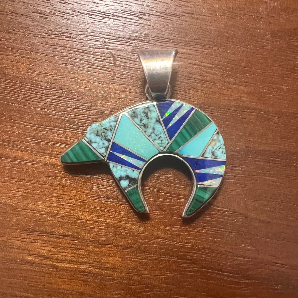 NAVAJO DINÉ RICK TOLINO Bear STERLING SILVER PENDANT TURQUOISE LAPIS